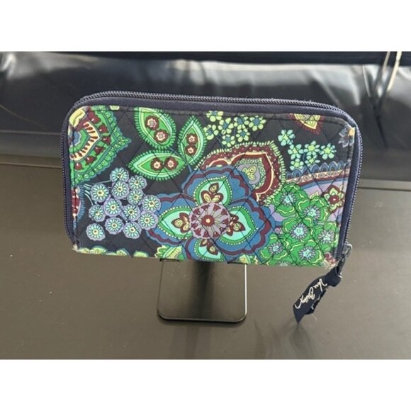 Vera Bradley Zip Around Wallet Blue Rhapsody Green Purple Navy Checkbook Cards - Picture 1 of 9